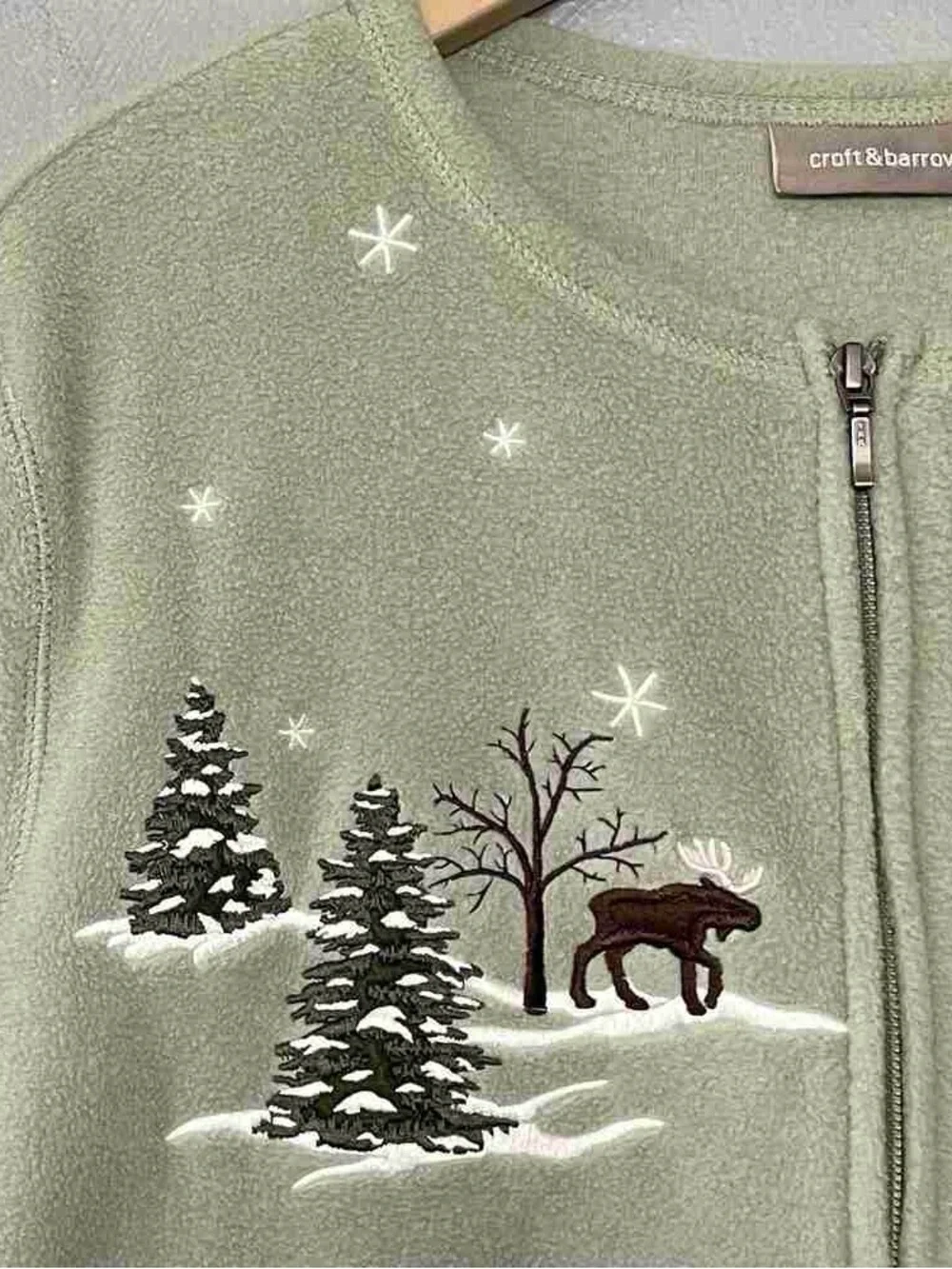 L.L. Bean Sage Green Zip Front Holiday Embroidered Cardigan